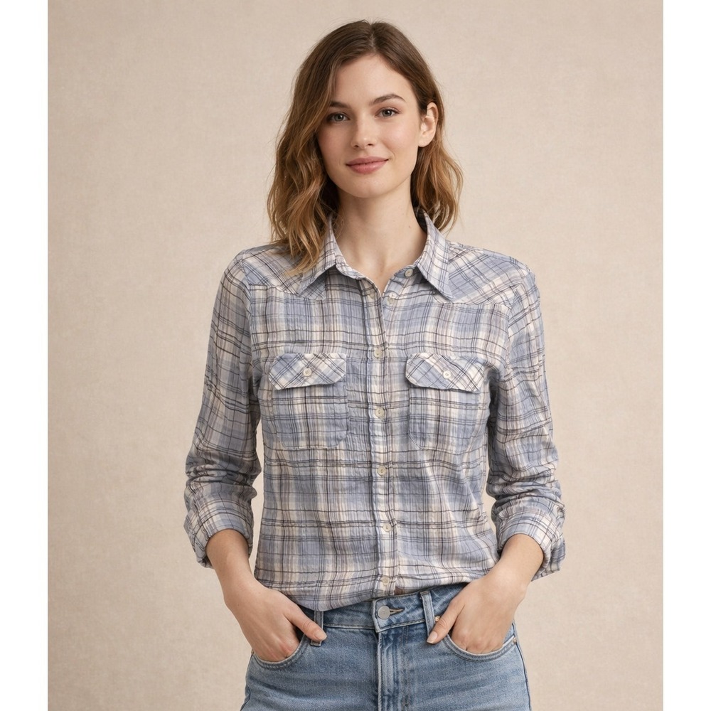 MNG Women's Blue Plaid Button Up Shirt 100% Cotton Textured Gauzy Long Sleeve 4
